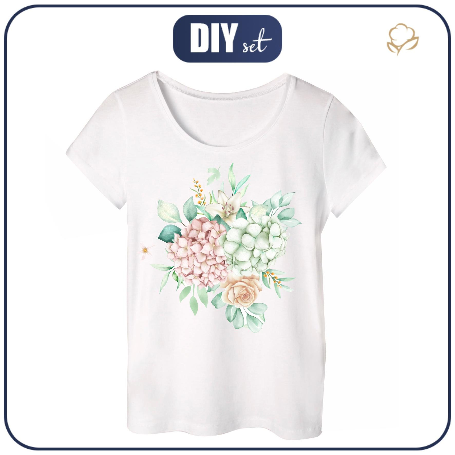 PIŻAMA-T-SHIRT "LINDA" - HORTENSJE / biały - zestaw do uszycia
