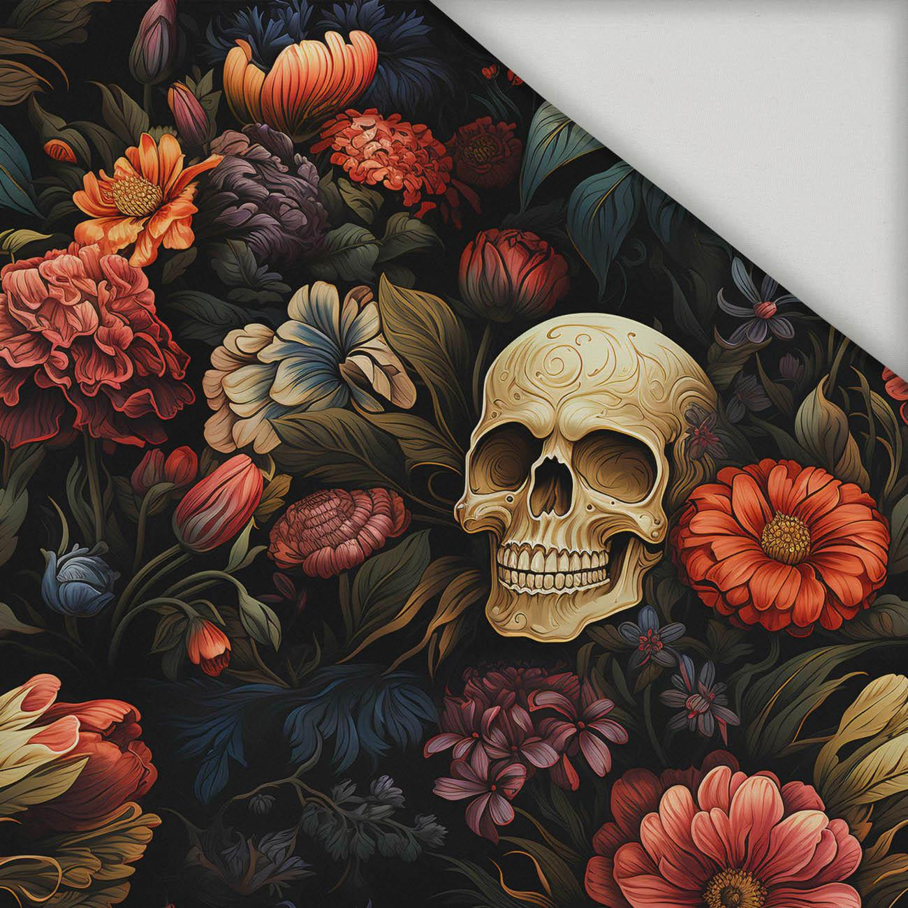 FLOWERS AND SKULL - tkanina szybkoschnąca