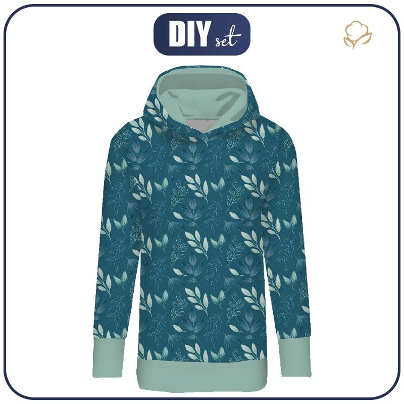 BLUZA DAMSKA (MEGI) - DŁUGA Z KAPTUREM - LIŚCIE wz. 9 -  dzianina pętelkowa