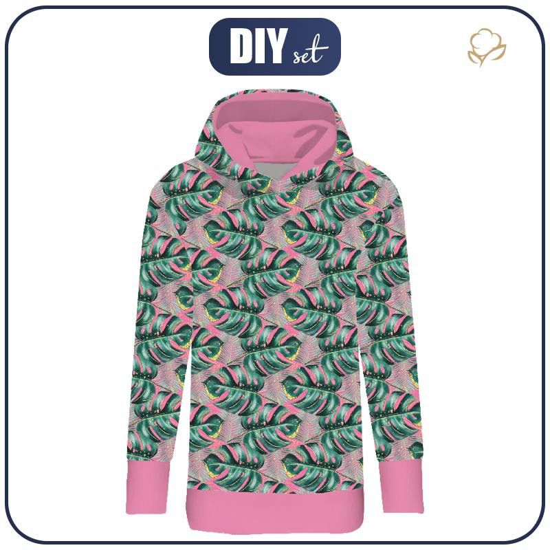 BLUZA DAMSKA (MEGI) - DŁUGA Z KAPTUREM - MONSTERA wz. 5 / różowy -  dzianina pętelkowa