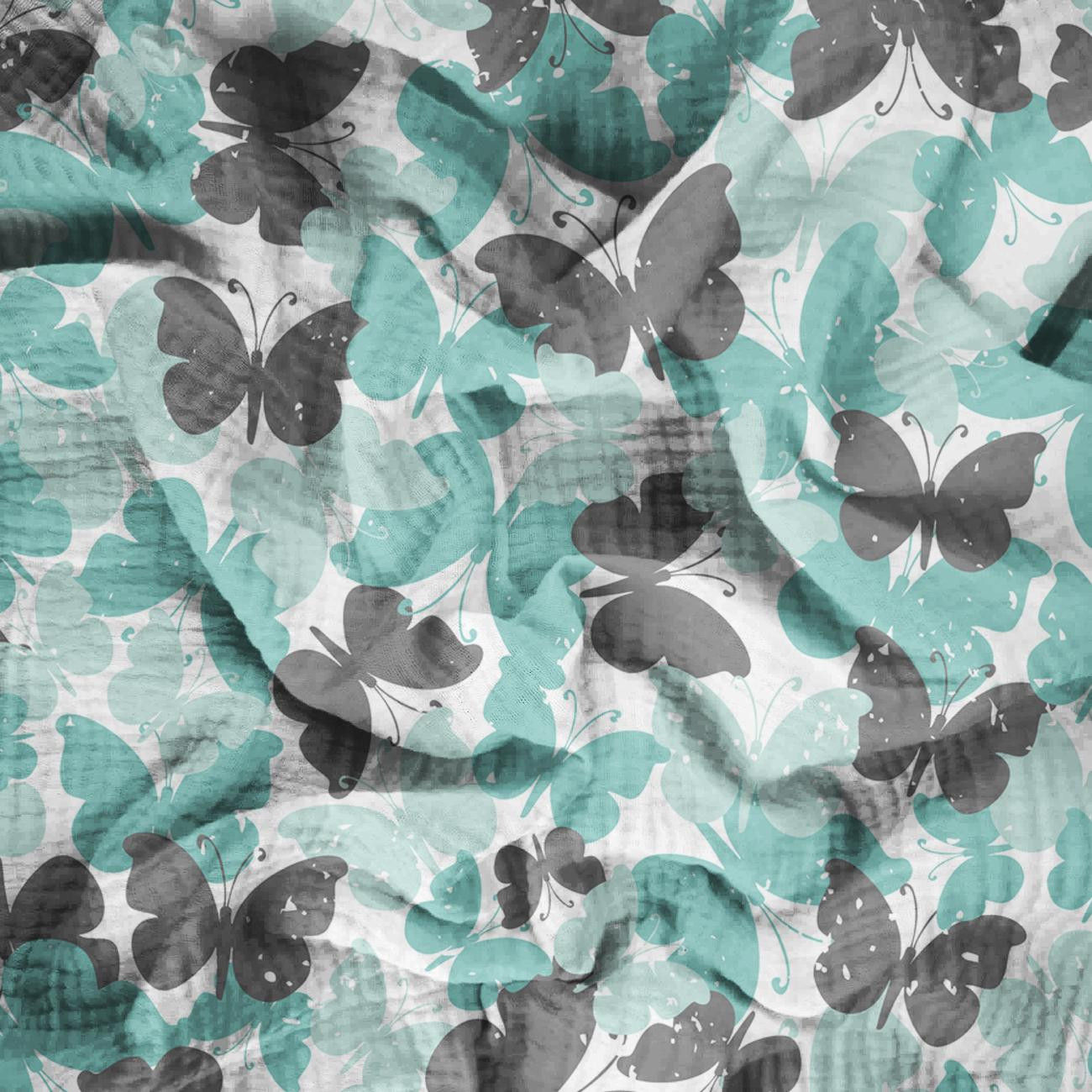 MOTYLKI / aqua  - Muślin bawełniany