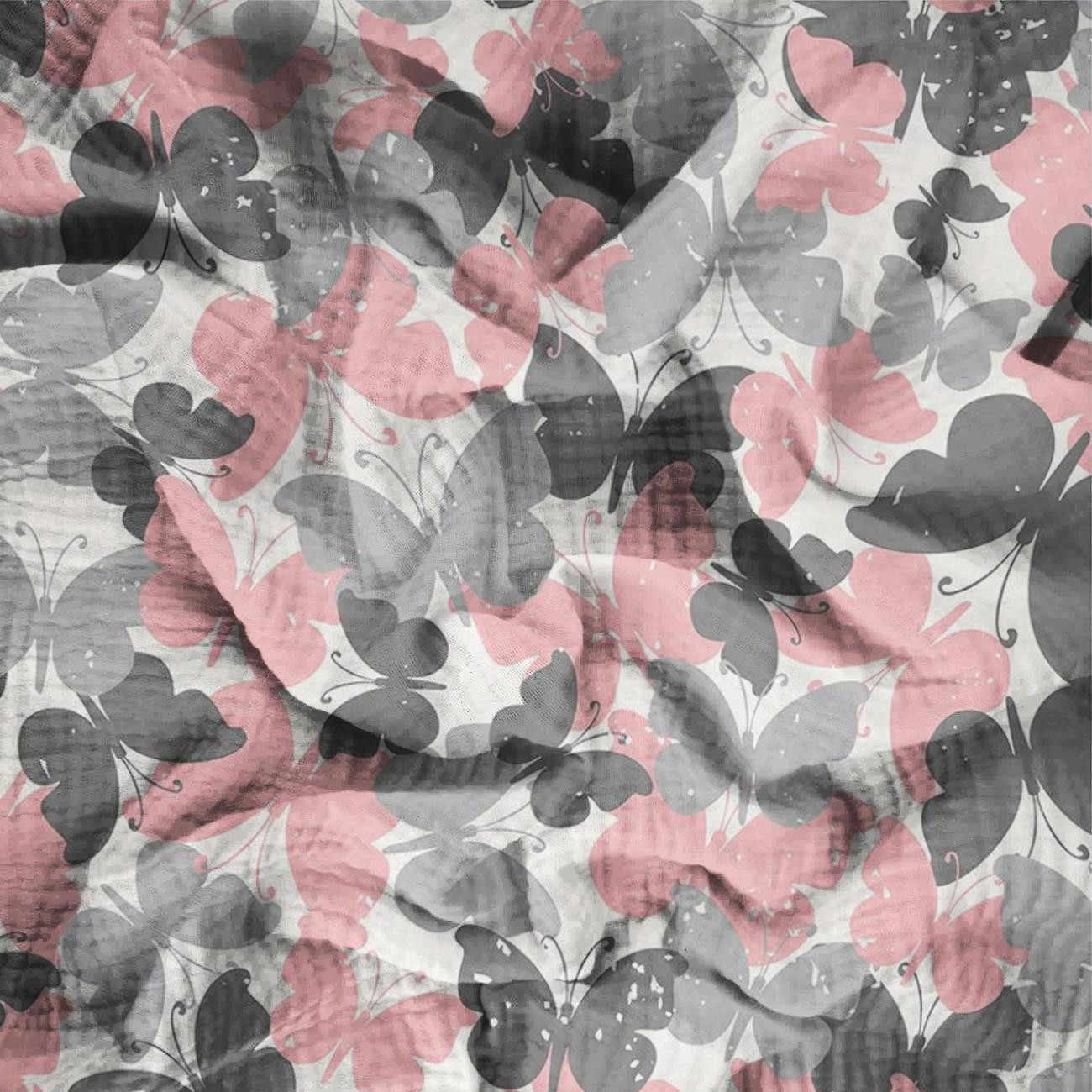 MOTYLKI / różowy - Muślin bawełniany