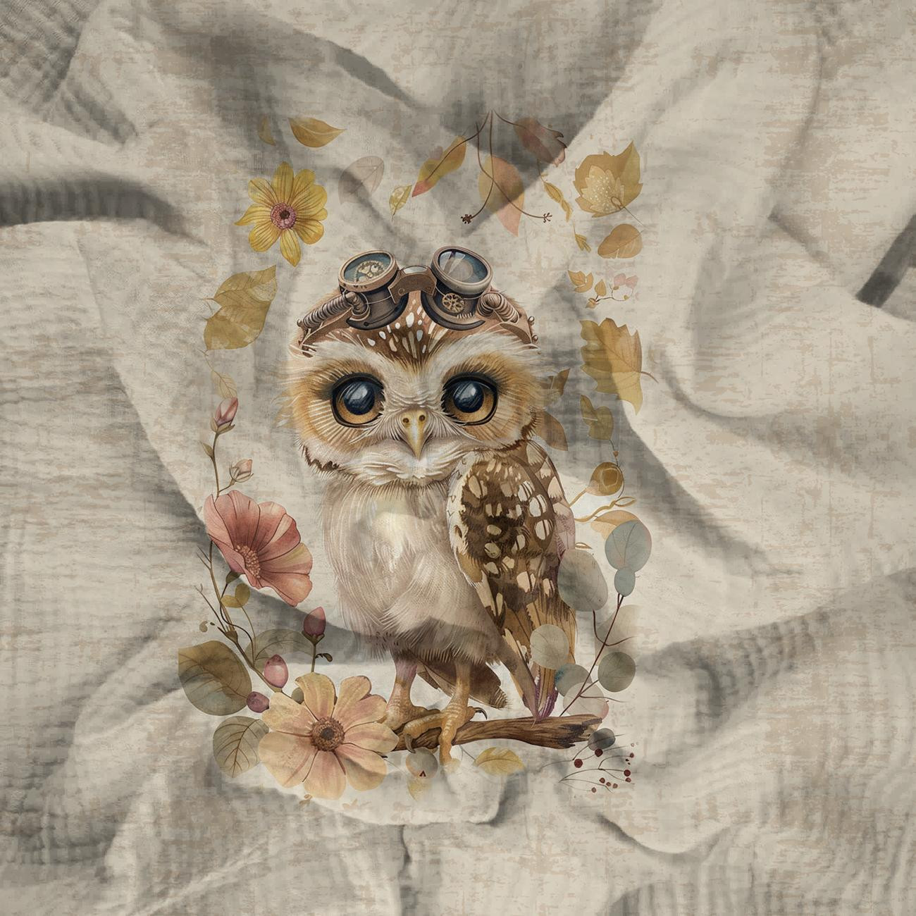 OWL STEAMPUNK FOREST WZ. 2 - PANEL PANORAMICZNY (60cm x 140cm) muślin bawełniany