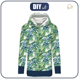 BLUZA DAMSKA (MEGI) - DŁUGA Z KAPTUREM - MINI LIŚCIE I OWADY WZ. 6 (TROPIKALNA NATURA) / biały - dzianina pętelkowa