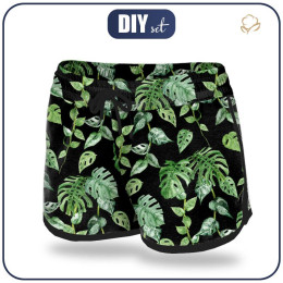 Damskie spodenki kąpielowe - TROPIKALNE LIŚCIE MIX  wz. 2 / czarny (JUNGLE) - zestaw do uszycia