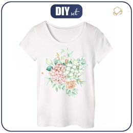 PIŻAMA-T-SHIRT "LINDA" - HORTENSJE / biały - zestaw do uszycia