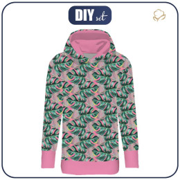 BLUZA DAMSKA (MEGI) - DŁUGA Z KAPTUREM - MONSTERA wz. 5 / różowy -  dzianina pętelkowa