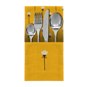 SERWETKI I BIEŻNIK - BIAŁE KWIATUSZKI / musztardowy - zestaw do uszycia