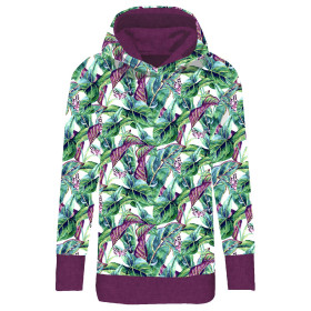 BLUZA DAMSKA (MEGI) - DŁUGA Z KAPTUREM - MINI LIŚCIE I OWADY WZ. 1 (TROPIKALNA NATURA) / biały - dzianina pętelkowa