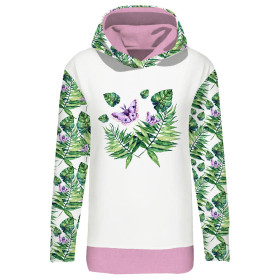 BLUZA DAMSKA (MEGI) - DŁUGA Z KAPTUREM - MINI LIŚCIE I OWADY WZ. 4 (TROPIKALNA NATURA) / biały - dzianina pętelkowa