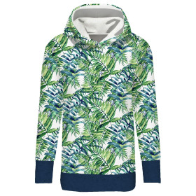 BLUZA DAMSKA (MEGI) - DŁUGA Z KAPTUREM - MINI LIŚCIE I OWADY WZ. 6 (TROPIKALNA NATURA) / biały - dzianina pętelkowa