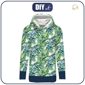 BLUZA DAMSKA (MEGI) - DŁUGA Z KAPTUREM - MINI LIŚCIE I OWADY WZ. 6 (TROPIKALNA NATURA) / biały - dzianina pętelkowa