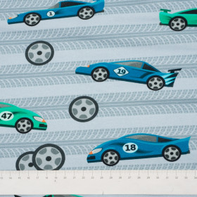 SZYBKIE BRYKI / niebieskie na szarej - dresówka pętelkowa 