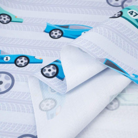 SZYBKIE BRYKI / niebieskie na szarej - tkanina wodoodporna 