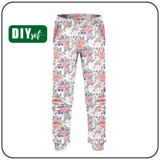 DZIECIĘCE SPODNIE DRESOWE (LYON) - KWIATY DZIKIEJ RÓŻY wz. 1 (KWITNĄCA ŁĄKA) - dzianina pętelkowa