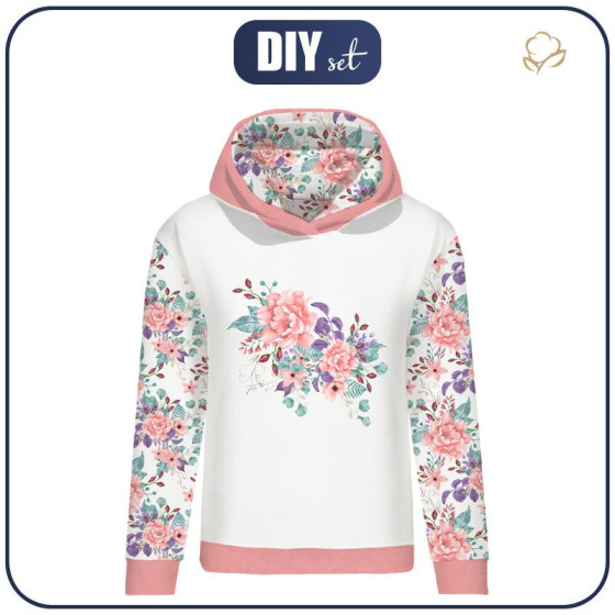 BLUZA DAMSKA (POLA) CLASSIC Z KAPTUREM - KWIATY DZIKIEJ RÓŻY wz. 1 (KWITNĄCA ŁĄKA) -  dzianina pętelkowa
