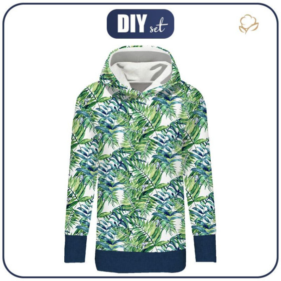 BLUZA DAMSKA (MEGI) - DŁUGA Z KAPTUREM - MINI LIŚCIE I OWADY WZ. 6 (TROPIKALNA NATURA) / biały - dzianina pętelkowa