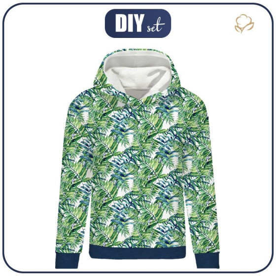 BLUZA DAMSKA (POLA) CLASSIC Z KAPTUREM - MINI LIŚCIE I OWADY WZ. 6 (TROPIKALNA NATURA) / biały - dzianina pętelkowa