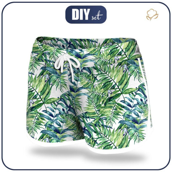 Damskie spodenki kąpielowe - MINI LIŚCIE I OWADY WZ. 6 (TROPIKALNA NATURA) / biały - zestaw do uszycia