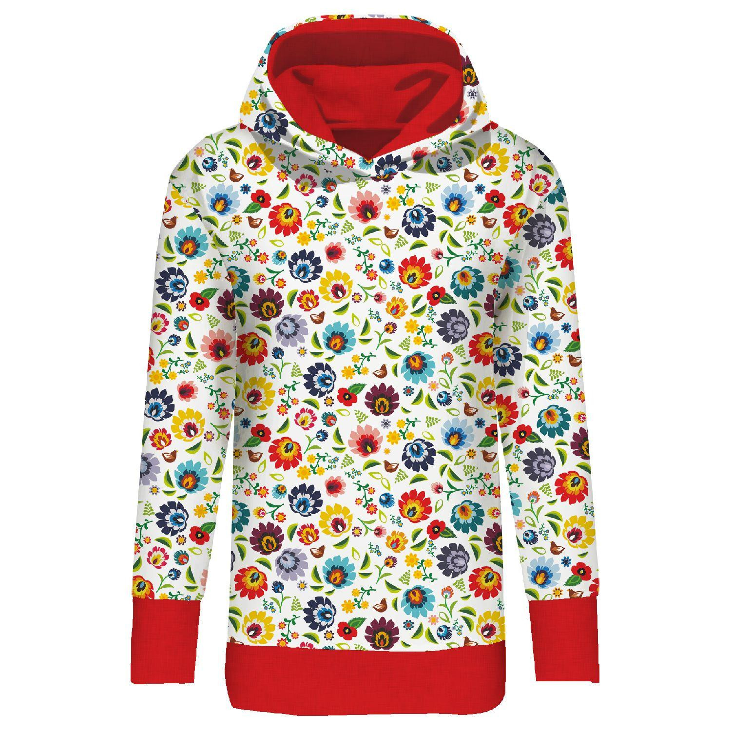 LONG WOMEN’S HOODIE (MEGI) - LOWICZ FOLKLORE / white - looped knit fabric  