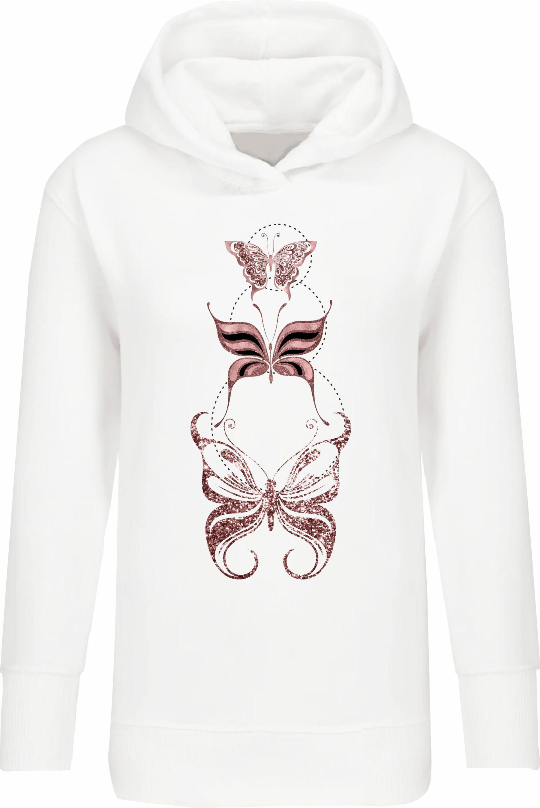 LONG WOMEN’S HOODIE (MEGI) - BUTTERFLIES MIX PAT. 4 (GLITTER BUTTERFLIES) - looped knit fabric  