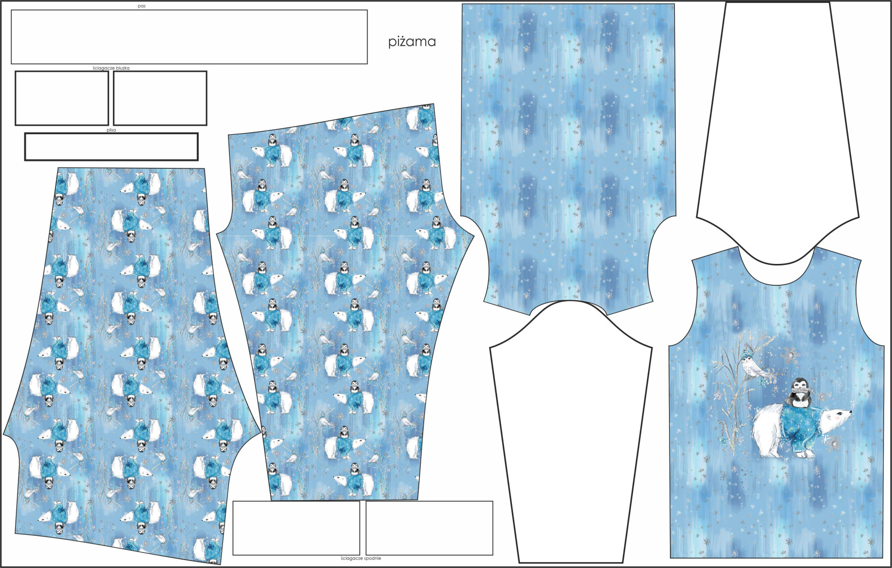 CHILDREN'S PAJAMAS " MIKI" - PENGUIN ON  BEAR / winter sky (ENCHANTED WINTER) - sewing set