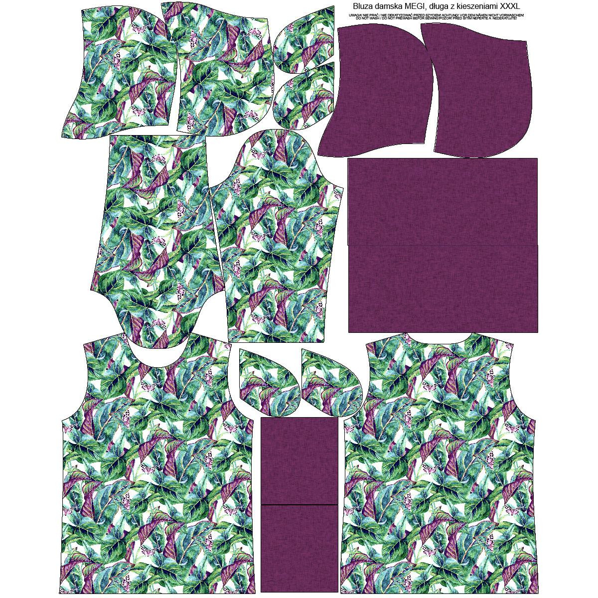 LONG WOMEN’S HOODIE (MEGI) - MINI LEAVES AND INSECTS PAT. 1 (TROPICAL NATURE) / white - looped knit fabric  