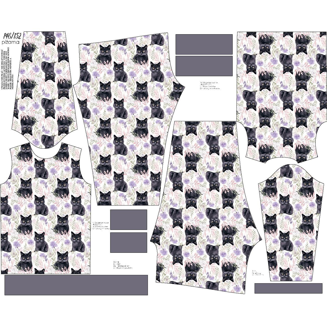 CHILDREN'S PAJAMAS " MIKI" - PASTEL BLACK CAT - sewing set