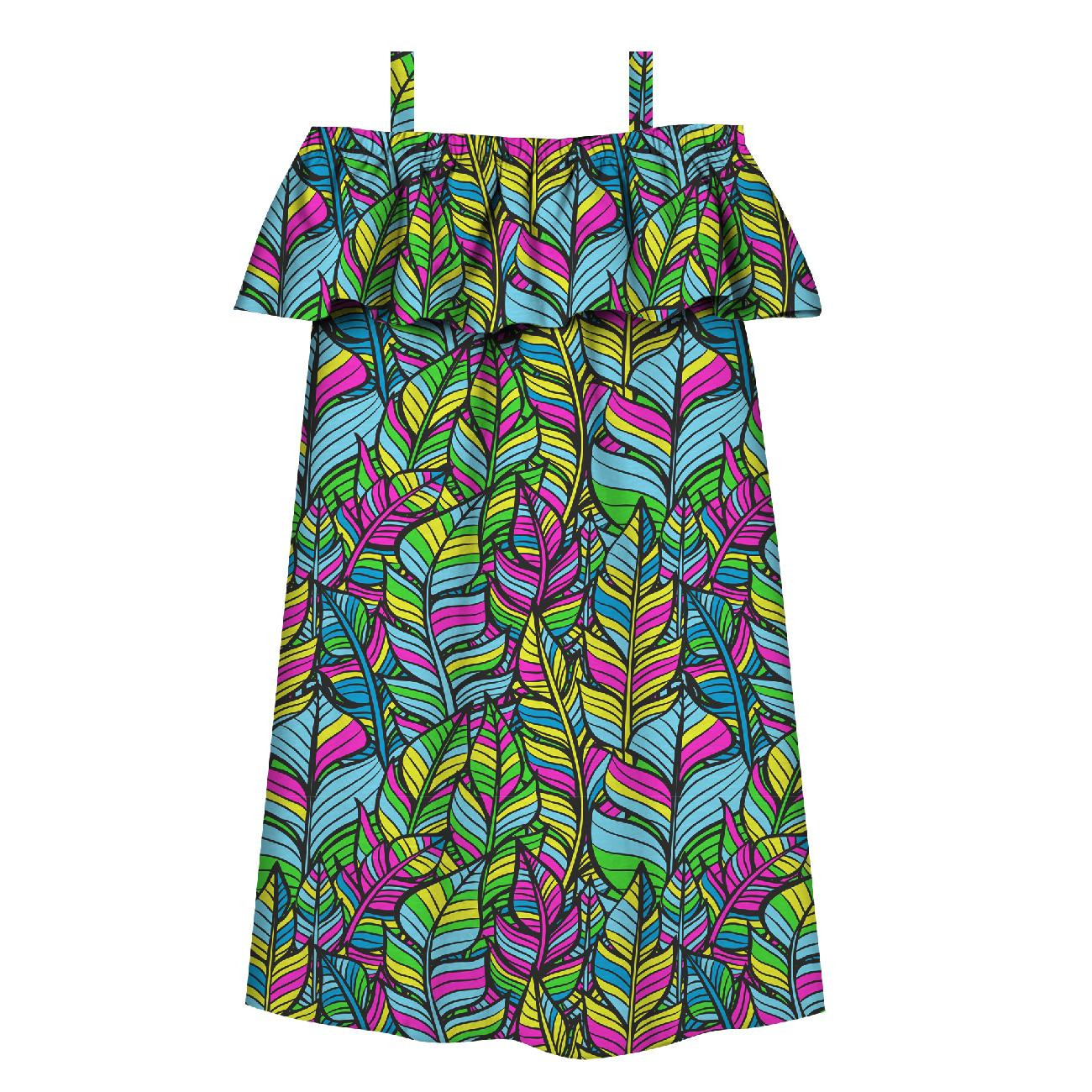 Bardot neckline dress (LILI) - NEON LEAVES - sewing set