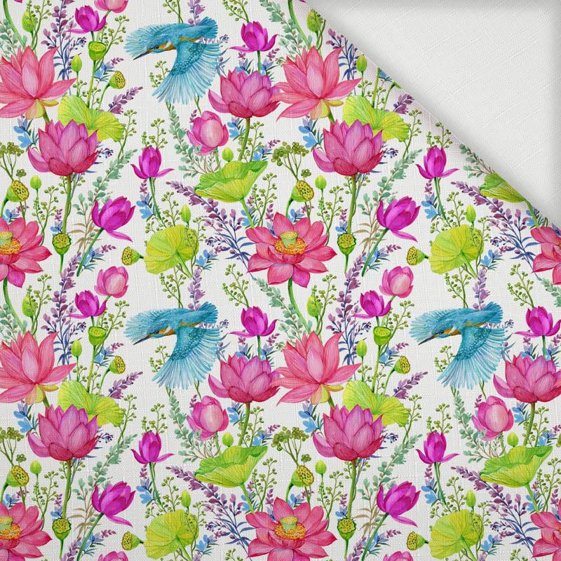 MINI KINGFISHERS AND POPPIES (KINGFISHERS IN THE MEADOW) / white - Woven Fabric for tablecloths