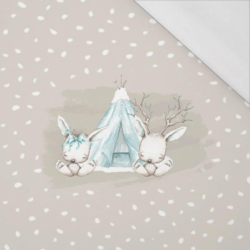 ANIMALS IN TIPI / WHITE TRACES / beige (MAGICAL CHRISTMAS FOREST) - SINGLE JERSEY PANORAMIC PANEL 