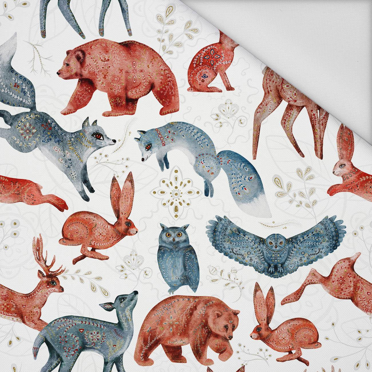 FOLK ANIMALS pat. 1 / white (FOLK FOREST) - Waterproof woven fabric