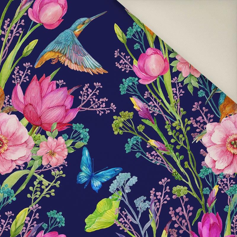 KINGFISHERS AND BUTTERFLIES (KINGFISHERS IN THE MEADOW) / dark blue- Upholstery velour 