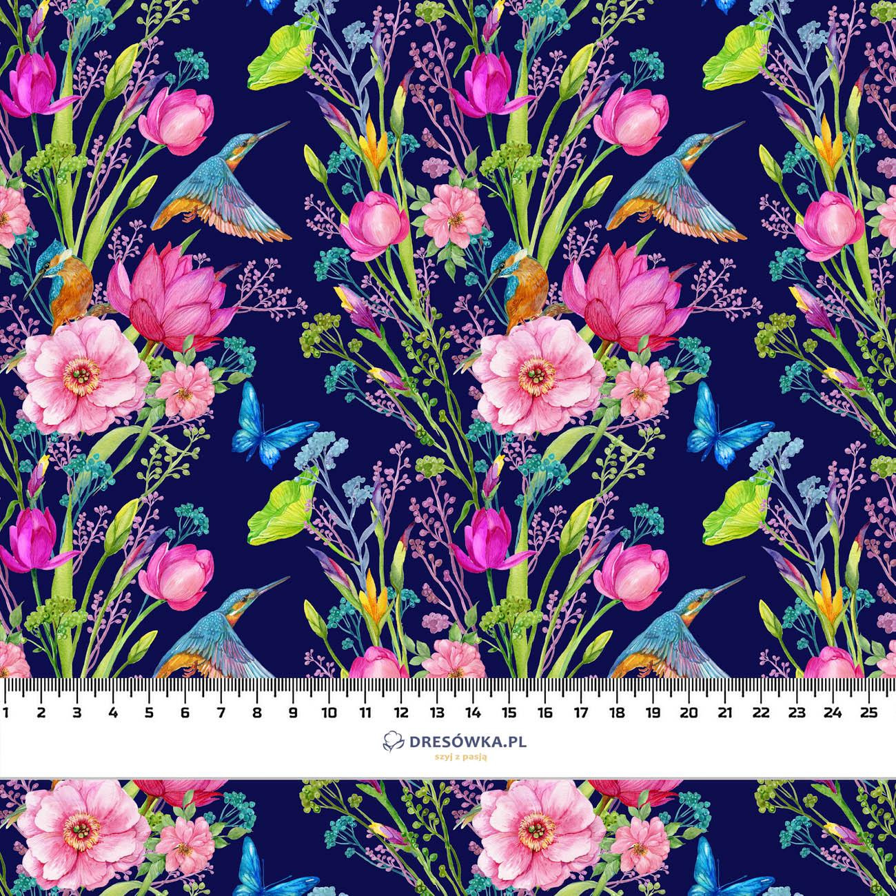 MINI KINGFISHERS AND BUTTERFLIES (KINGFISHERS IN THE MEADOW) / dark blue - looped knit fabric with elastane ITY