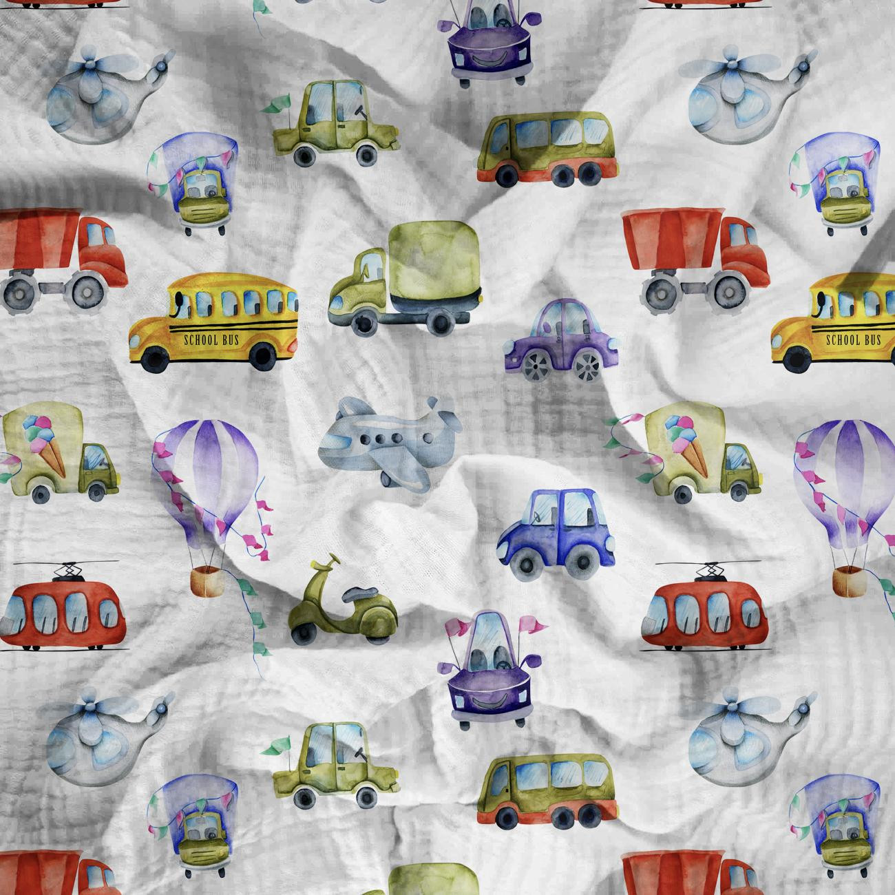 COLORFUL VEHICLES (COLORFUL TRANSPORT) - Cotton muslin