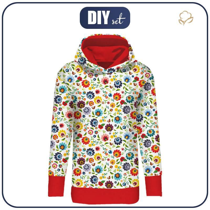 LONG WOMEN’S HOODIE (MEGI) - LOWICZ FOLKLORE / white - looped knit fabric  