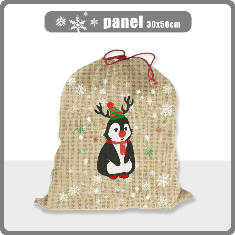 PENGUIN REINDEER / red - jute - Cotton woven fabric panel ( 30 x 50 cm )