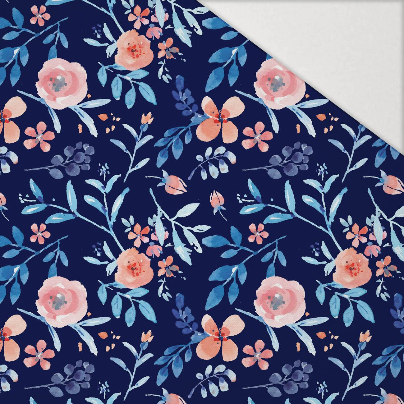 PAINTED PEONIES / navy - Hydrophobic brushed knit