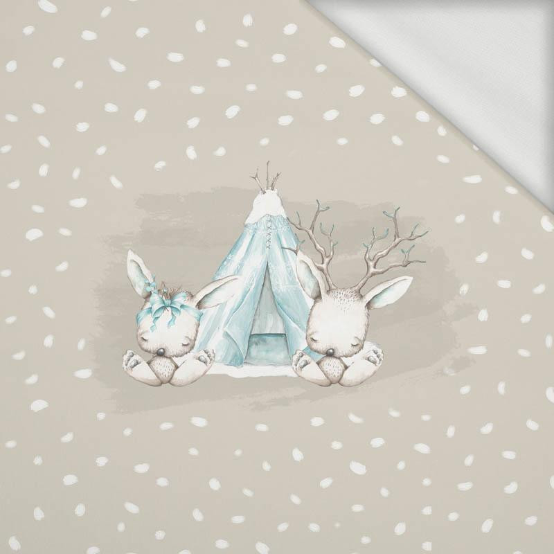 ANIMALS IN TIPI / WHITE TRACES / beige (MAGICAL CHRISTMAS FOREST) - panoramic panel looped knit 