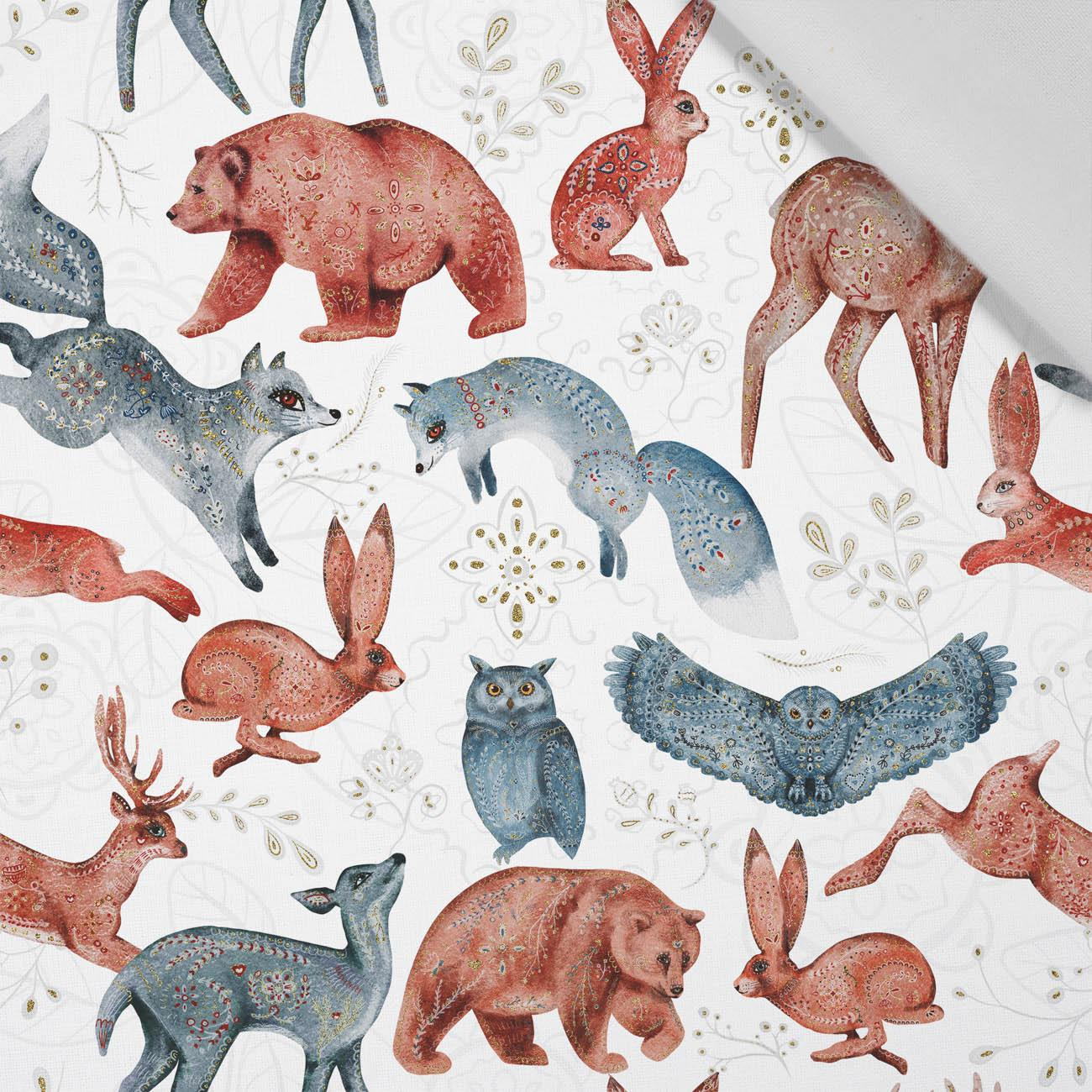 FOLK ANIMALS pat. 1 / white (FOLK FOREST) - Cotton woven fabric