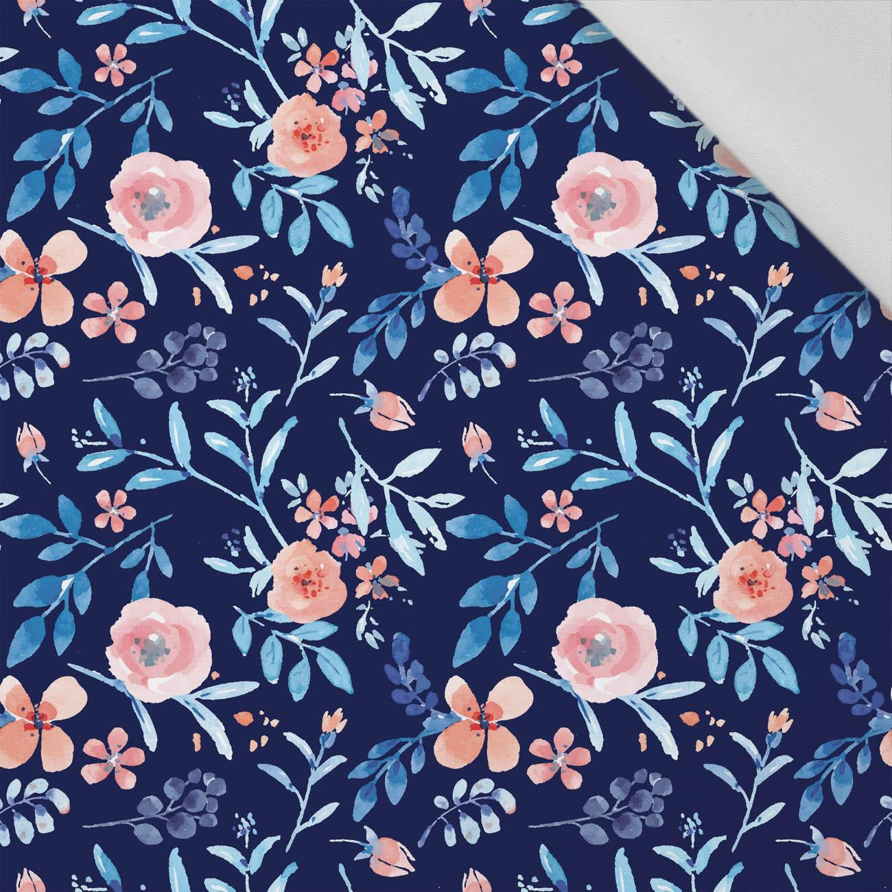 PAINTED PEONIES / navy - Cotton woven fabric