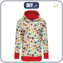 LONG WOMEN’S HOODIE (MEGI) - LOWICZ FOLKLORE / white - looped knit fabric  