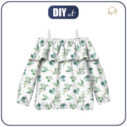 Bardot neckline blouse (VIKI) - GREEN HERBARIUM / white - sewing set