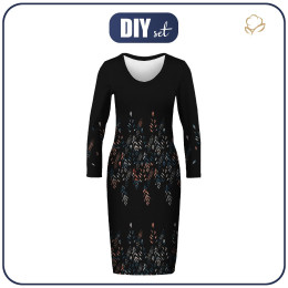 PENCIL DRESS (ALISA) - LEAVES PAT. 3 / BLACK - sewing set