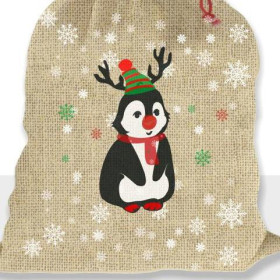 PENGUIN REINDEER / red - jute - Cotton woven fabric panel / Choice of sizes