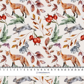 FOREST ANIMALS PAT. 2 / WHITE (COLORFUL AUTUMN) - Cotton woven fabric