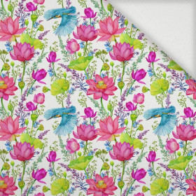 MINI KINGFISHERS AND POPPIES (KINGFISHERS IN THE MEADOW) / white - Woven Fabric for tablecloths