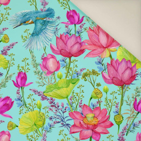 KINGFISHERS AND POPPIES (KINGFISHERS IN THE MEADOW) / aqua- Upholstery velour 