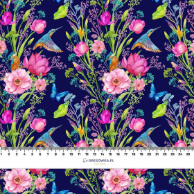 MINI KINGFISHERS AND BUTTERFLIES (KINGFISHERS IN THE MEADOW) / dark blue - looped knit fabric with elastane ITY