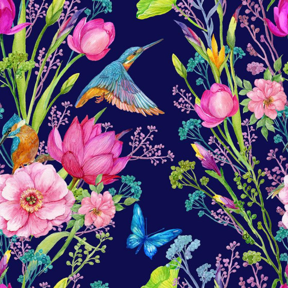 KINGFISHERS AND BUTTERFLIES (KINGFISHERS IN THE MEADOW) / dark blue